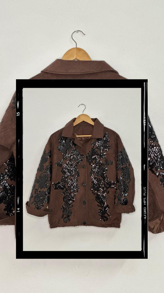 CHAQUETA BOMBER MARRÓN LENTEJUELAS